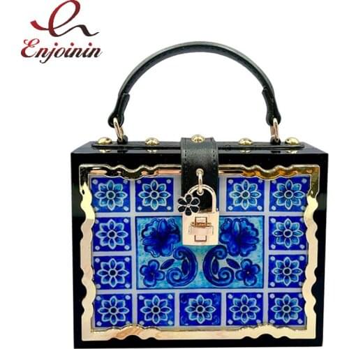 Fashion Flower Pattern Box Style Party Handbag Clutch Luxury Women Purses Acrylic Designer Crossbody Bag Black Shoulder Bag