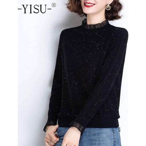 YISU 2021 Spring Women Sweater turtleneck Spring tops Solid color Long sleeve Female Jumper Fashion Lace edge Knitted pullover