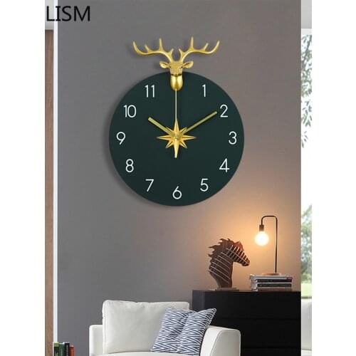 Pendulum Wall Clock Vintage Nordic Wall Clock Living Room Deer Head Wall Hanging Clock Wall Watch Personality Art Decoration