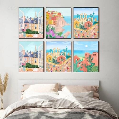 Barcelona Spain Vintage Poster Canary Islands Travel Landscape Art Pictures Living Room Canvas Painting for Home Decoration