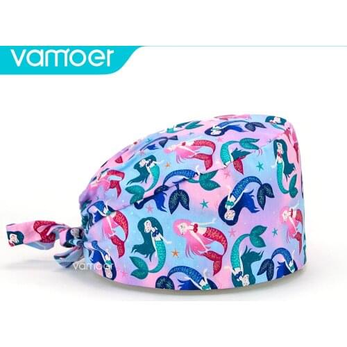 High quality Cartoon Printed Pet caring caps eauty salon lab caps unisex Cute adjustable sweat-absorbent Elastic hat scrubs cap