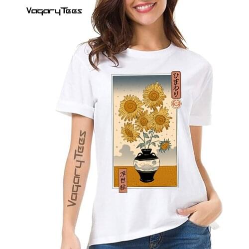 Art Girl White T Shirt Japan Painting Style Sunflowers art Ukiyo-e print Tee Shirt Top Harajuku Manga Woman streetwear T Shirt