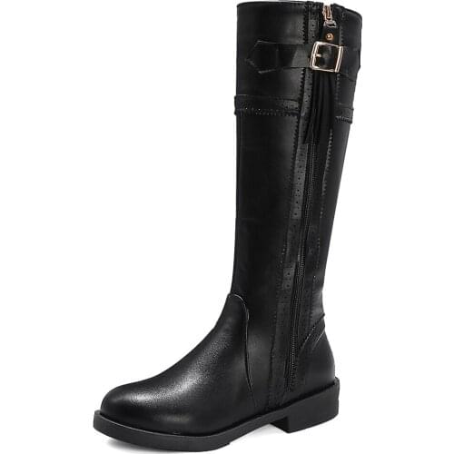 Fringed Zipper PU Metal Belt Buckle Retro Knee-Length Boots TPR Low-Heel Metal Belt Buckle Winter Womens Boots High-Top Shoes