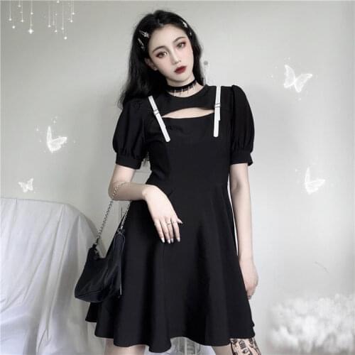 Goth Hollow Out Summer Lady Dresses Harajuku Black Gothic Girl Mini Dress Pull Empire Pleated Plus Size Korean Fashion Cloth