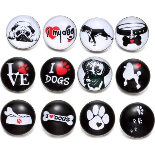 12pcs/lot Multi Theme I Love Dog Pattern 18mm Snap Button Jewelry Glass Charms Fit DIY Bracelet Snaps Jewelry KZ0501