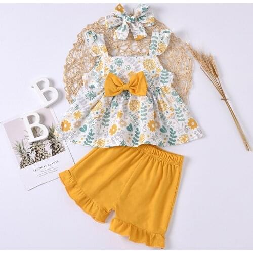2 Pcs Infant Summer Outfits Baby Flower Print Fly Sleeves Square Collar Bowknot Tops + Solid Color Ruffle Shorts + Headband