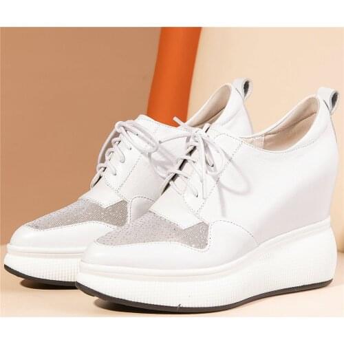 2021 Lace Up Oxfords Shoes Women Genuine Leather Wedges High Heel Pumps Shoes Female Breathable Chunky Platform Fashion Sneakers