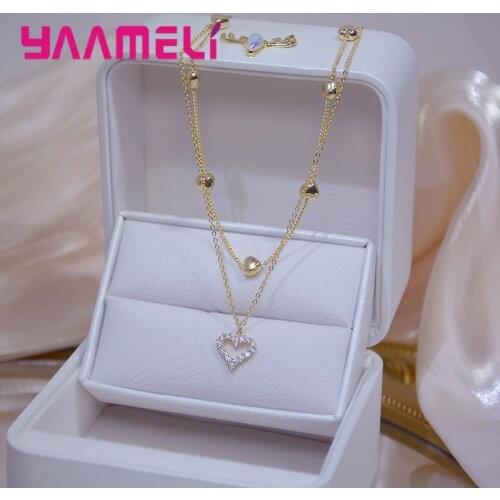 925 Sterling Silver Cute Heart Gold Necklace For Women Girls CZ Crystal Fashion Jewelry Valentines Day Gift Wholesale