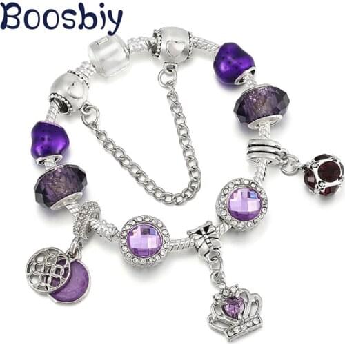 High Quality Silver Plated Heart Beads Charm Bracelets With Purple Crown Pendants DIY Fashion Jewelry Gift For Women Pulsera