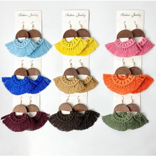 Cutout Wood Round Weave Macrame Earrings Summer Bohemian Cotton Thread Fan Fringe Tassel Earrings Jewelry Wholesale