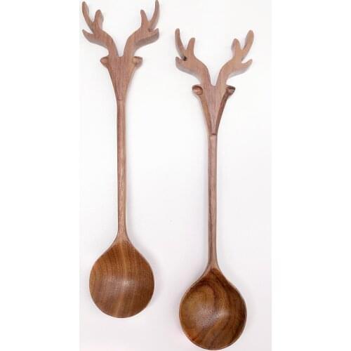 Handmade Wooden Spoons Black Walnut Long Handle For Tea/Dessert Tableware Kicthen Accessories Beeswax Painting Japan style cute