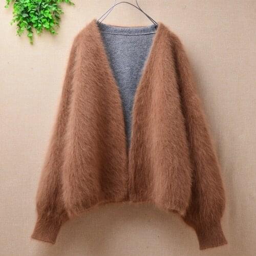 Ladies women V-neck mink cashmere short style long lantern sleeves angora rabbit fur knitted cardigans jacket coat sweater pull