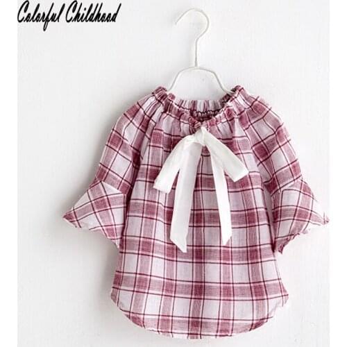 Girls plaid shirt kids flare sleeve pink blouses girls blouse tops fashion kids clothing