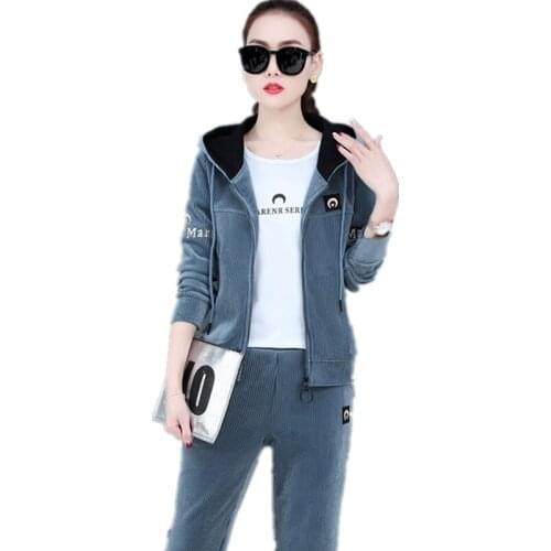 Top women clothing Lady clothes set Tracksuit Korean style Leisure sports suit Corduroy Hooded 2 piece set Tops + trousers 1611