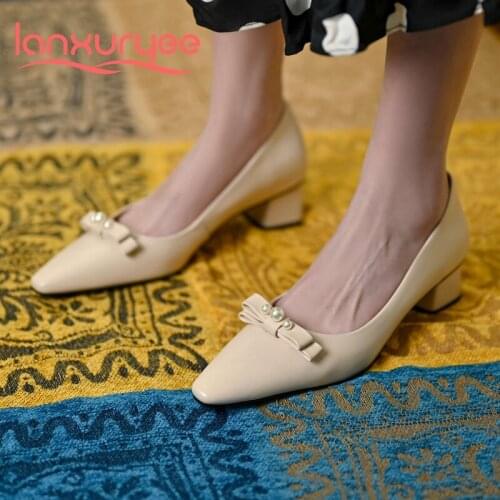 Lanxuryee natural leather small square toe med heel butterfly-knot pearl decoration beauty lady evening party women pumps L52