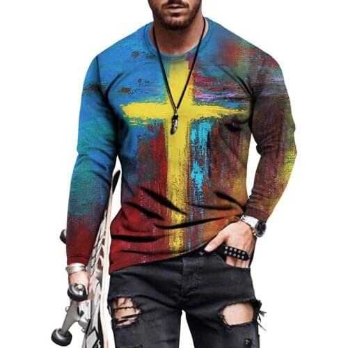 Mens Autumn Long Sleeve T-Shirt Loose Pullover Fashion O-Neck Street Clothing Retro Cross Print Spring Autumn Casual T-Shirt