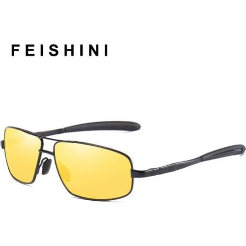 FEISHINI Brand New Polarized Mens Sunglasses Rectangle Vintage Yellow Lens Eyewear Accessories Men Oculos De Sol Masculino