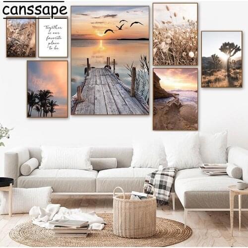 Sunset Landscape Wall Art Painting Ocean Seagull Poster Reed Palm Tree Canvas Print Nordic Posters And Prints Living Room Decor