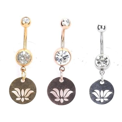 New design Lotus flower pendant Sexy Dangle Button Rings Belly Navel Piercing Surgical Steel Bars Body Jewelry