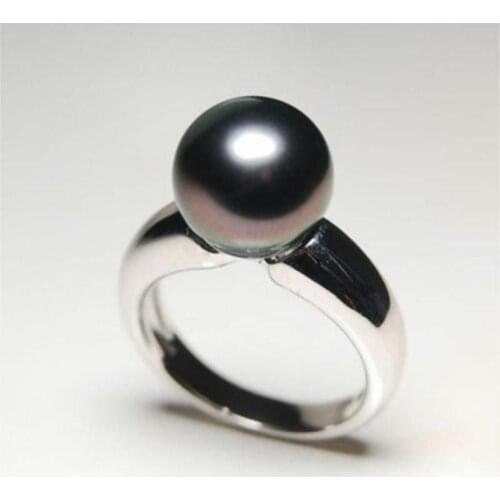 Genuine stunning natural round AAA+ 10-11mm tahitian black pearl ring