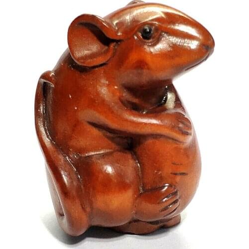 Q4383 - 2" Hand Carved Japanese Boxwood Netsuke Figurine Carving: Mouse