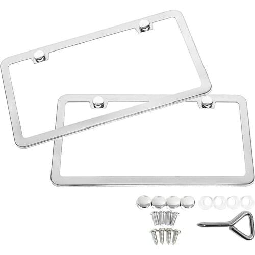 2 Pcs/1 Set Silver Stainless Steel Polish Mirror License Plate Frame + Chrome Screw Caps Car Accessories
