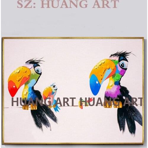 Cheapest Price Hand-painted High Quality Funny Birds Toucan Oil Painting on Canvas Funny Animals Family 4 Toucans Oil Painting