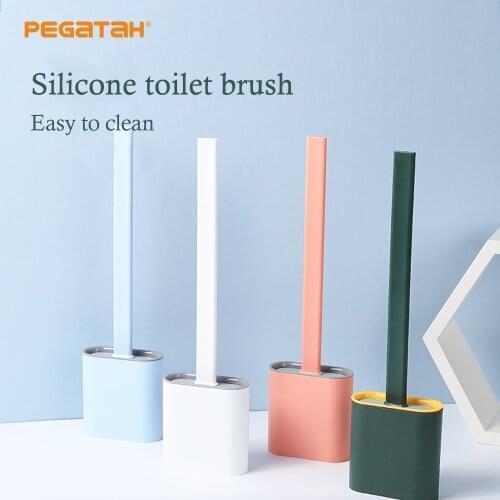 Toilet Brush Leak-Proof with Base Silicone Toilet Flat-Headed Flexible Soft Brush with Soft Rubber Long Handle Cleaning Brush
