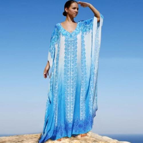 Blue Kaftan Beach Cotton Cover up 2021 Summer Women Beachwear Cotton Tunic Oversize Bikini Cover-ups Robe de Plage Sarong #Q774