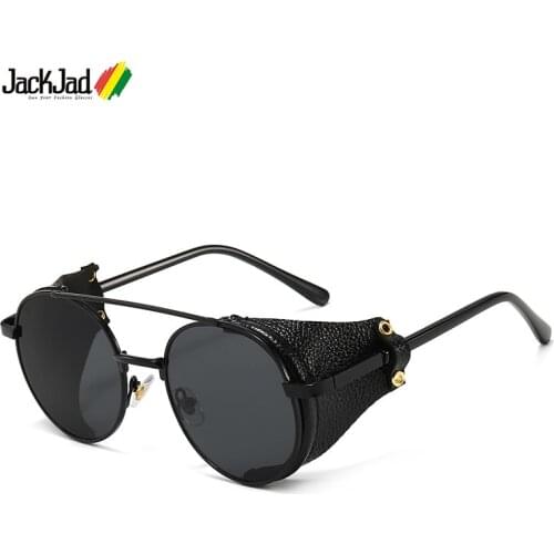 JackJad Classic Vintage SteamPunk Punk Style Round Sunglasses Leather Side Shield Brand Design Sun Glasses Oculos De Sol 1958