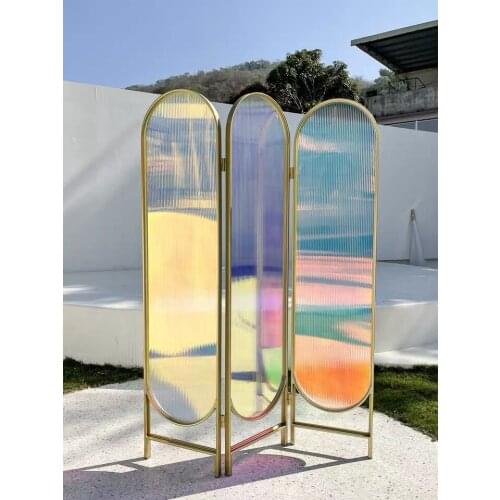 Stainless Steel Screen Light Luxury Art Color Stripes Acrylic Foldable Mobile Partition Hotel Living Room Decoration SUS 304