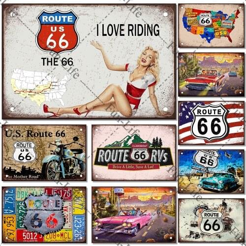 Vintage Route 66 Metal Plates Plaque Home Wall Decor Bar Signs Retro Metal Poster Tin Sign for Man Cave Pub Club