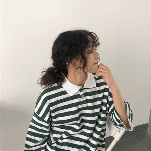 Ulzzang summer short-sleeved Turn-down Collar womens large size stripes loose new Harajuku Half Vintage Cotton T-shirt tops