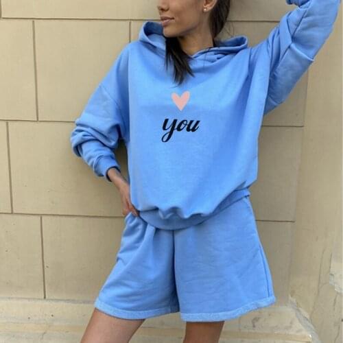 Women Hoodies Shorts Tracksuit Two Pieces Set Long Sleeve Letter “you”+Love Printed Sporty Suit 2021 Summer Ladies Casual Sets