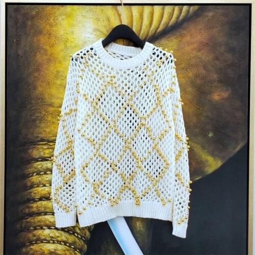 2021 Autumn Fashion design womens o-neck long sleeve hollow out knitted pullover beading sweater tops jumper plus size SML