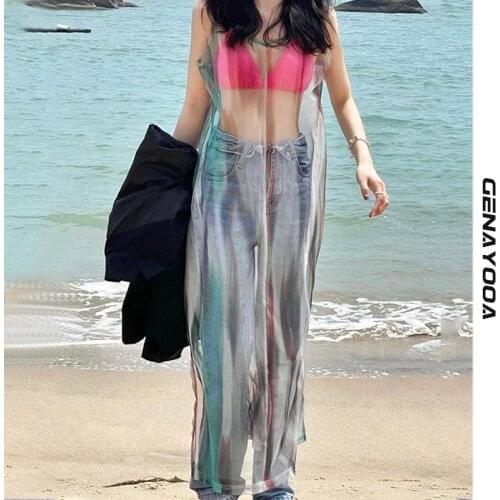 Genayooa Sleeveless Tie Dye Dress Women Perspective Mesh Summer 2021 Spaghetti Strap Boho Women Dresses Y2k Beach Cool Vestidos