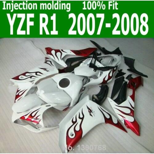 100%fit Fairings For YAMAHA YZF R1 07 08 ( White & red flames ) Injection fairing kit CQ13