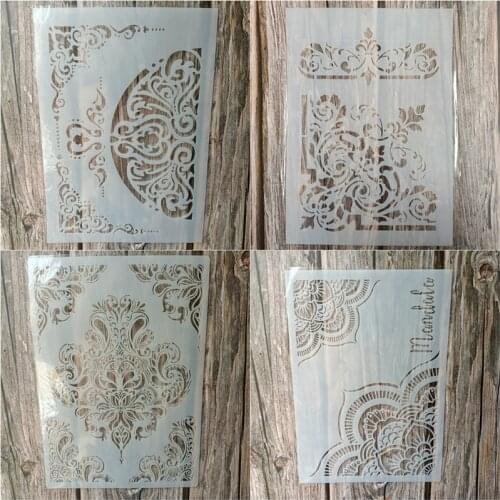 4pcs Size A4 DIY Craft Mandala Stencils for Painting on Wood,Fabric,Walls Art Scrapbooking Stamping Album Embossing Paper Cards