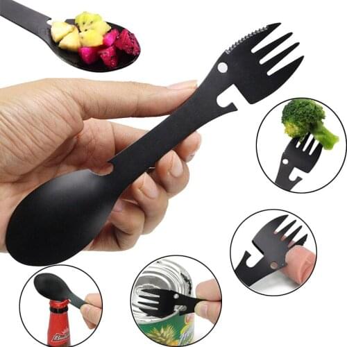 Outdoor Camping Tableware Knife Spoon Fork Bottle Can Opener Stainless Steel Spork 5 in1 Multi Tools Flatware For Picnic Travel