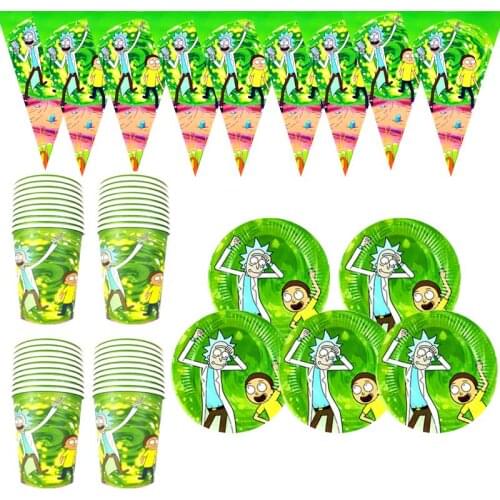 60pcs/lot Rick And Morti Theme Plates Kids Boys Favors Happy Birthday Party Cups Banner Baby Shower Decorate Bunting Dishes