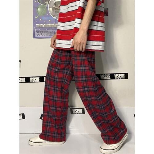 HOUZHOU Harajuku Red Plaid Pants Women Gothic Streetwear Checked Trousers 2021 Korean Fashion Oversize Wide Leg Sweatpants