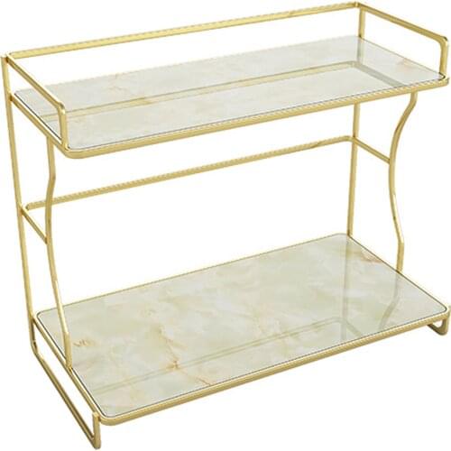 2 Tier Gold Storage Shelf Stackable Makeup Organizer Bathroom Rack With Marble Texture Removable Base Large Storage Capacity