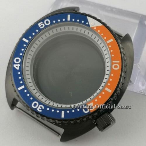 Goutent 45mm Watch Case Black PVD Blue&Orange Alloy Bezel Insert White Chapter Ring Sapphire glass Fit NH35 NH36 Movement