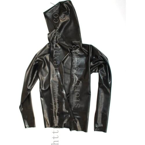 Adults hoodie latex coat front zip decoration latex top long sleeve in solid black color