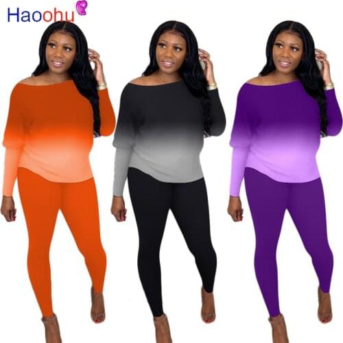 HAOOHU Two Piece Set Women Fashion Gradient Print Bodycon Tracksuit Long Sleeve Top + Biker Joggers Pants Outfits Matching Set