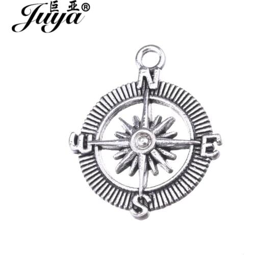 JUYA Compass Metal Charms and Pendant for Jewelry Making 29x25mm Vintage Alloy Bracelet Necklace Component for Women DIY AO0498