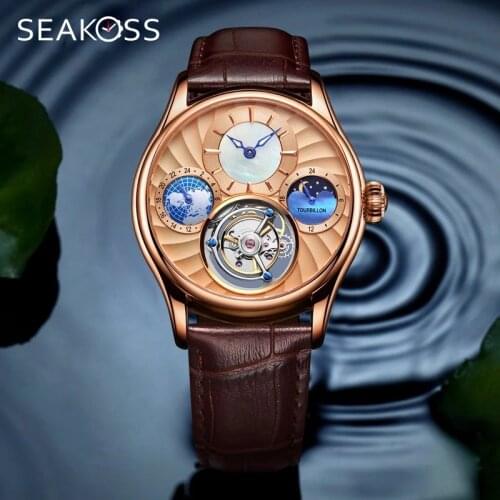 Moon Phase Real Tourbillon Mens Mechanical Watch 24-hour Small Sapphire Dial Luminous Hands Multi-function Tourbillon Men Watch