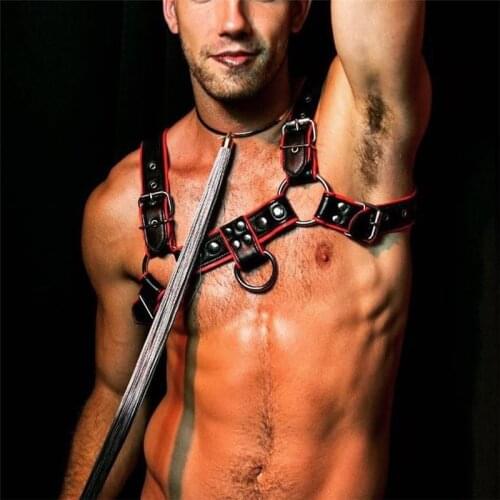 Metal Eyelets Rivet Red Black Leather Chest Muscle Shoulder Harness Belts Punk Rock Goth Men Adjustable Body Bondage Straps Belt