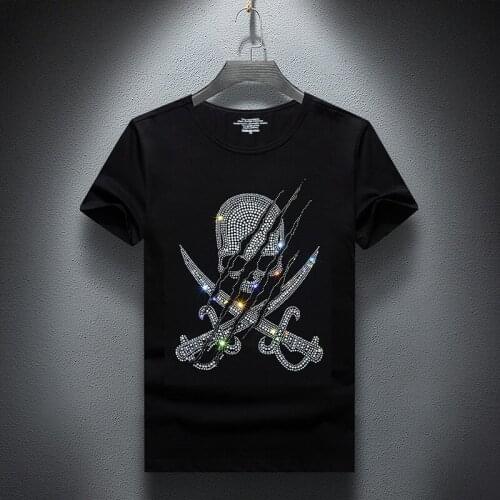 2021 New Summer Mens T-shirt Rhinestone Short Sleeve T-shirt Slim Youth Popular Logo Bottom Casual T-shirt Male Size S-7XL
