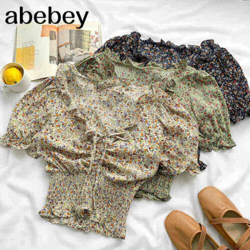 2021 New Summer Fashion All-match print Blouse Edible Tree Fungus ruched drawstring lace up short Shirt Top